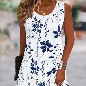 White with Blue Floral Design - Sleeveless Dress